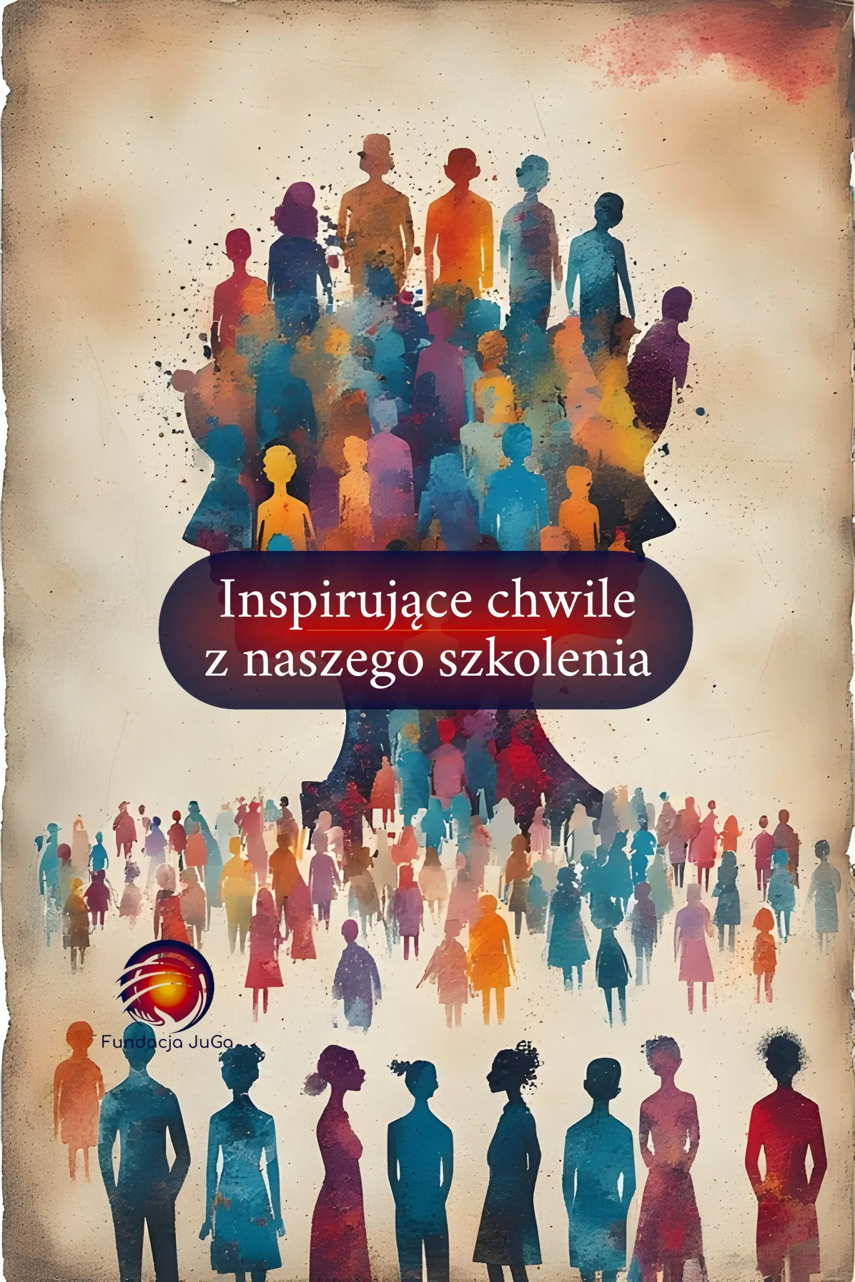 Grafika ze spotkania: kolorowe sylwetki ludzi w profilu głowy, z napisem „Inspirujące chwile z naszego szkolenia”.